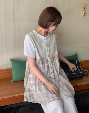 Gontz Layered Check Sleeveless Blouse One Piece